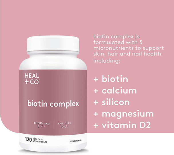 HEAL + CO. Biotin Complex | Biotin, Calcium, Silicon, Magnesium, Vitamin D2 | 10,000mcg Biotin | Supports Skin, Hair & Nail Health | 120 Capsules