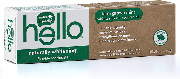 Hello Oral Care Naturally Whitening Fluoride Toothpaste, Vegan & SLS Free, Farm Grown Mint with Tea Tree Oil & Coconut Oil, 4.7 Ounce