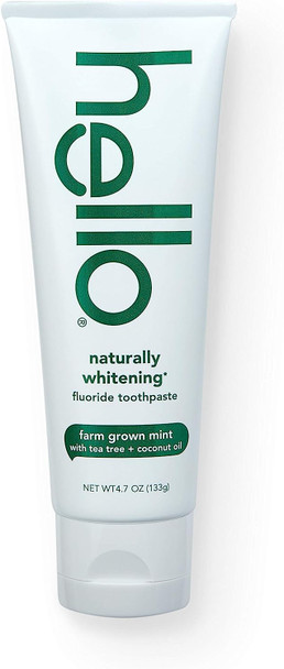 Hello Oral Care Naturally Whitening Fluoride Toothpaste, Vegan & SLS Free, Farm Grown Mint with Tea Tree Oil & Coconut Oil, 4.7 Ounce