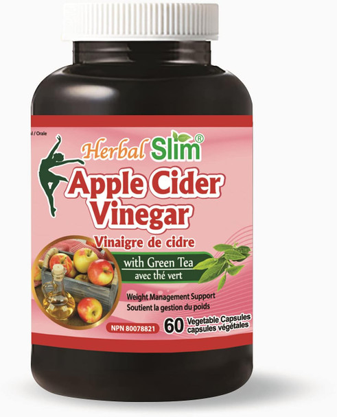Herbal Slim Apple Cider Vinegar (200mg) with Green Tea Extract (225mg), 60 Vegetable capsules, Non-GMO, Made In Canada