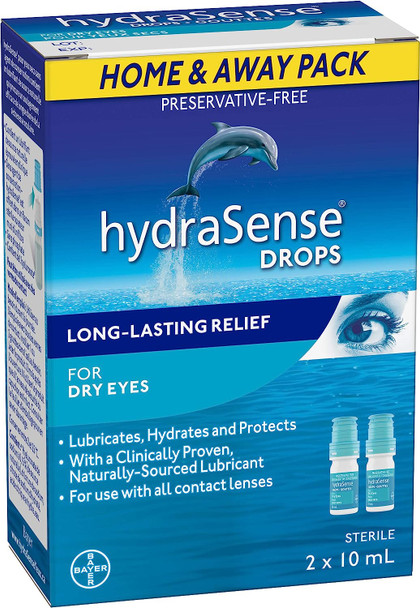 HydraSense Eye Drops, For Dry Eyes, Fast and Long-Lasting Relief, Preservative Free, Naturally Sourced Lubricant, Home and Away Twin Pack (2 x 10 mL), 20 mL