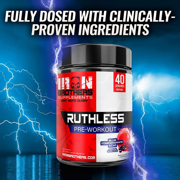 Iron Brothers Ruthless Preworkout Powder Supplement for Men & Women - Creatine Free - Sustainable Performance Energy & Workout Focus, Superhuman Pre Workout - 40 Serve - Nitric Oxide Booster - Blue Acai