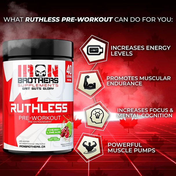 Iron Brothers Ruthless Preworkout Powder Supplement for Men & Women - Creatine Free - Sustainable Performance Energy & Workout Focus, Superhuman Pre Workout - 40 Serve - Nitric Oxide Booster - Cherry Limeade