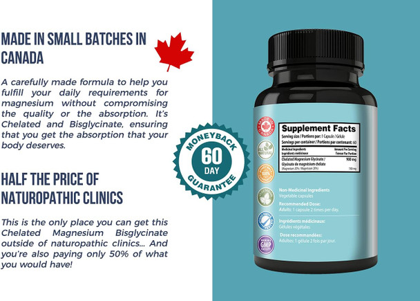 KASHA Nutrition Chelated Magnesium Glycinate 900mg per pill - Proudly Canadian | Non-GMO, Vegan, Gluten Free, Soy Free.| Non-Habit Forming - Maintains Effectiveness over Long-Term. Appropriate for Daily Use. Vegetarian. 60 Capsules.