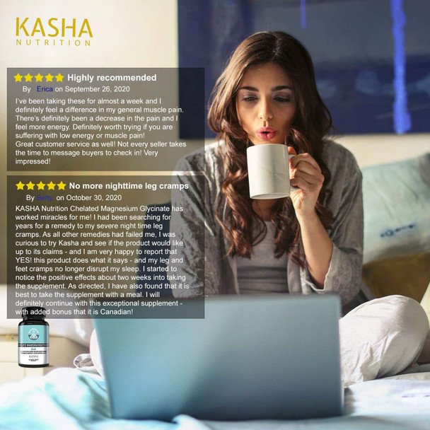 KASHA Nutrition Chelated Magnesium Glycinate 900mg per pill - Proudly Canadian | Non-GMO, Vegan, Gluten Free, Soy Free.| Non-Habit Forming - Maintains Effectiveness over Long-Term. Appropriate for Daily Use. Vegetarian. 60 Capsules.