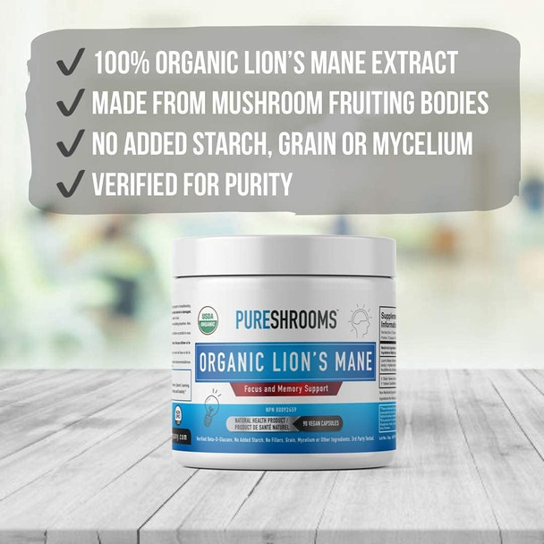 Lion's Mane Mushroom Focus & Memory Capsules (90 caps), Organic Lion's Mane Mushroom Powder Extract Capsules, Vegan Brain Supplement, Brain Focus Vitamins, Gluten-Free, No Fillers