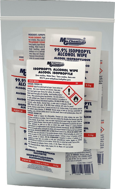 MG Chemicals 99.9% Isopropyl Alcohol Wipe, 6" Length x 5" Width (Bag of 25)