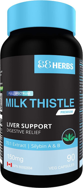 Milk Thistle - Premium - Full Spectrum - Liver and Digestive Support - Non-GMO - 70:1 Extract - Silybin A & B - Zero Magnesium Stearate or Heavy Metals - 150 mg Per Cap - 90 Caps Per Bottle
