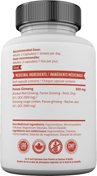 Mill Bay Korean Red Panax Ginseng Supplement Used in Herbal Medicine to Help Enhance Physical Performance, Increase Energy and as an Adaptogen - 100 Capsules (Strength 500 mg)