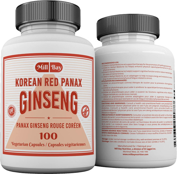 Mill Bay Korean Red Panax Ginseng Supplement Used in Herbal Medicine to Help Enhance Physical Performance, Increase Energy and as an Adaptogen - 100 Capsules (Strength 500 mg)