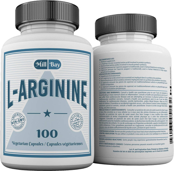 Mill Bay L-Arginine Amino Acid Supplement with L-Citrulline Workout Supplement. 100 Capsules (482mg).