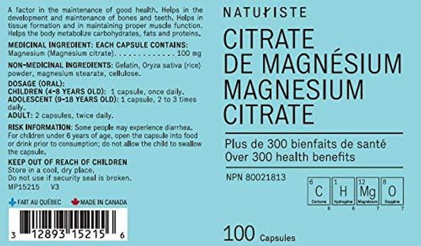 Naturiste Magnesium Citrate Men/Women Supplement - Fast action - 100 capsules - 100mg