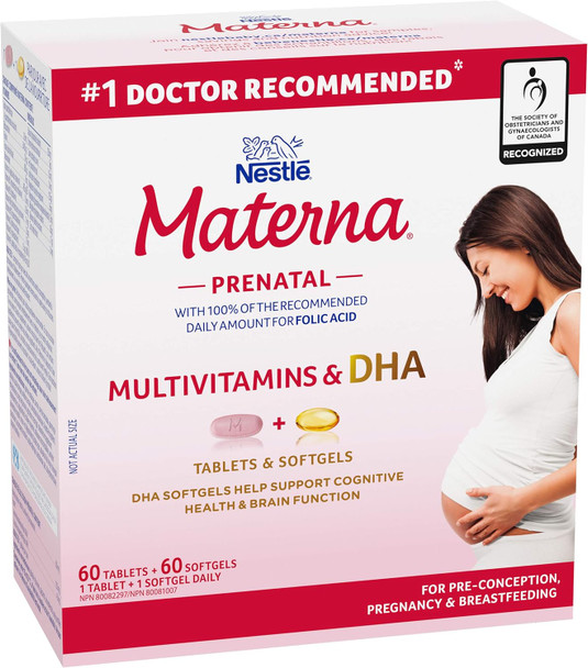 NESTLe Materna Prenatal Multivitamin with DHA Supplement | Folic Acid | 60 tablets + 60 DHA soft gels