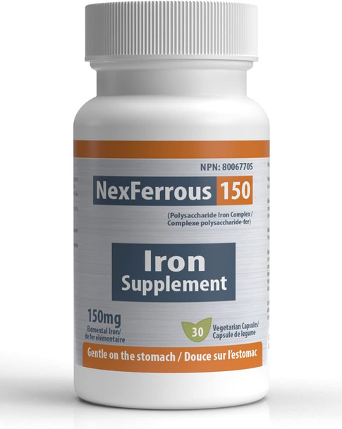 NexFerrous 150 mg | Vegan Iron Supplement | Prevention & Treatment of Iron Deficiency Anemia | Gentle on the Stomach | Easy Absorption | High Potency | 150 mg per capsule | 30 Capsules