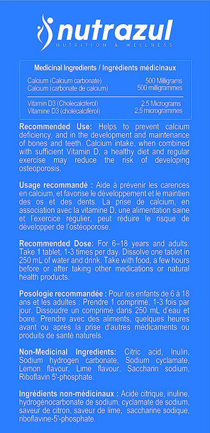 Nutrazul Calcium + Vitamin D3 Effervescent Tablets-Lemon-Lime 20s | 20 Days Supply | Gluten Free, Sugar Free, Lactose Free & Preservative Free
