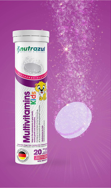 Nutrazul KIDS Multivitamin Effervescent Tablets - Raspberry 20s | 20 Days Supply | Gluten Free, Sugar Free, Lactose Free & Preservative Free | Supports Immune Function & Antioxidant | Maintains Good Health