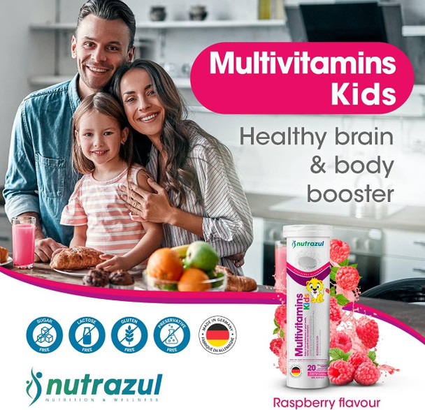 Nutrazul KIDS Multivitamin Effervescent Tablets - Raspberry 20s | 20 Days Supply | Gluten Free, Sugar Free, Lactose Free & Preservative Free | Supports Immune Function & Antioxidant | Maintains Good Health