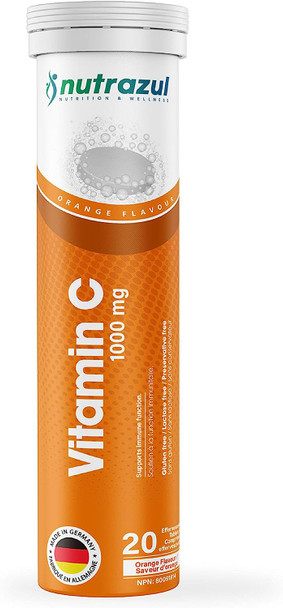 Nutrazul Vitamin C 1000mg Effervescent Tablets- Orange 20s | 20 Days Supply | Gluten Free, Lactose Free, Sugar Free & Preservative Free | Maintains Immune Function