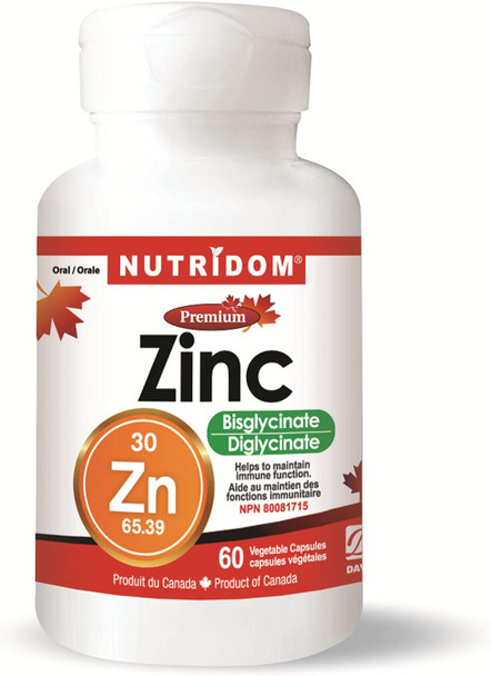 Nutrdom Zinc Bisglycinate 30mg, 60 Vegetable Capsules, Highly Bioavailable Formula, Chelated Supplement for Immune Health, Gluten Free, Made in Canada