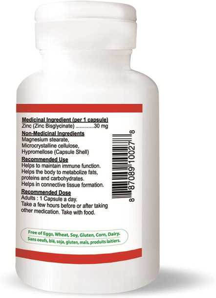 Nutrdom Zinc Bisglycinate 30mg, 60 Vegetable Capsules, Highly Bioavailable Formula, Chelated Supplement for Immune Health, Gluten Free, Made in Canada