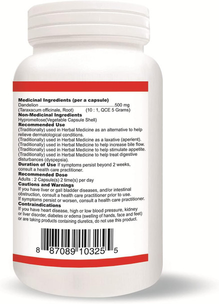 Nutridom Dandelion Root 500 mg (5000 mg Raw Equivalent) 10:1 Concentrate Ratio | 120 Vegan Capsules | Herbal Supplement for Liver Detox & Cleanse | Made in Canada