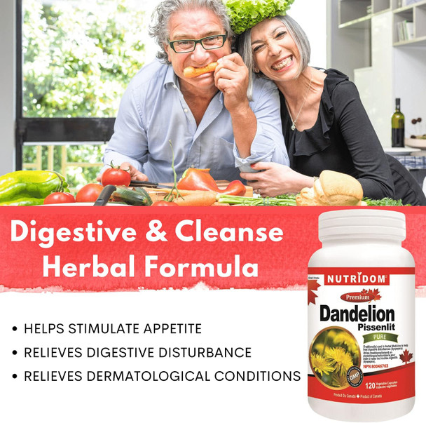 Nutridom Dandelion Root 500 mg (5000 mg Raw Equivalent) 10:1 Concentrate Ratio | 120 Vegan Capsules | Herbal Supplement for Liver Detox & Cleanse | Made in Canada