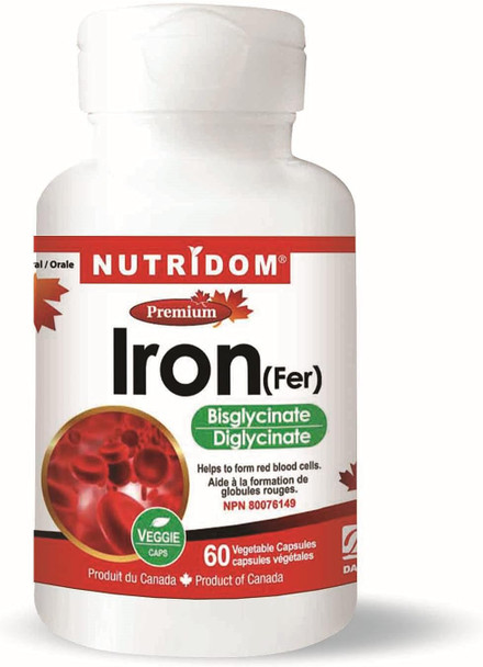 Nutridom Iron (Fer) Bisglycinate 27mg, 60 Vegan capsules, Chelated Supplement Pills for Women and men, Made In Canada