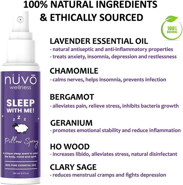 Nuvo Wellness Premium Pillow Spray - Made with Therapeutic Essential Oils - Deep Sleep Pillow Spray Mist with Lavender and Chamomile - Natural Sleep Aid - Sleep Spray for Pillows - 3.3oz Travel Size - Made in Canada