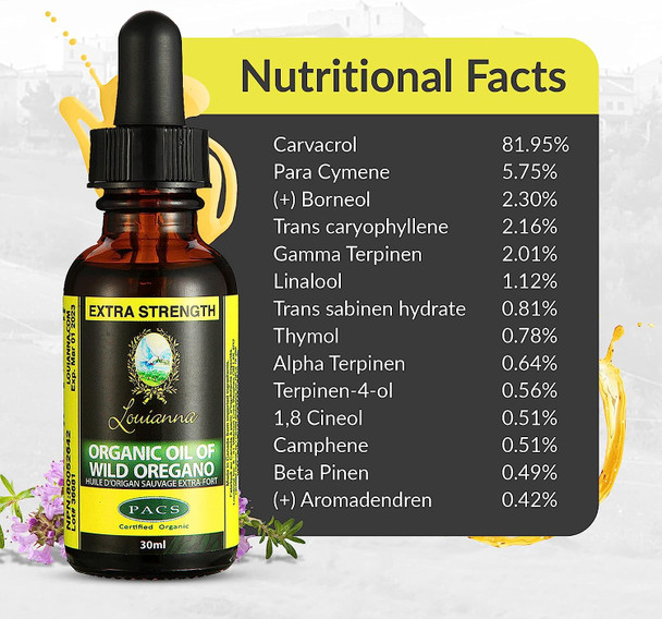Oregano Oil - Louianna Certified Organic Oil of Wild Oregano Liquid Drops Extra Strength 30ml / 1 Fluid Ounce 82.66% Carvacrol & 0.28% Thymol Canada Best Selling Brand