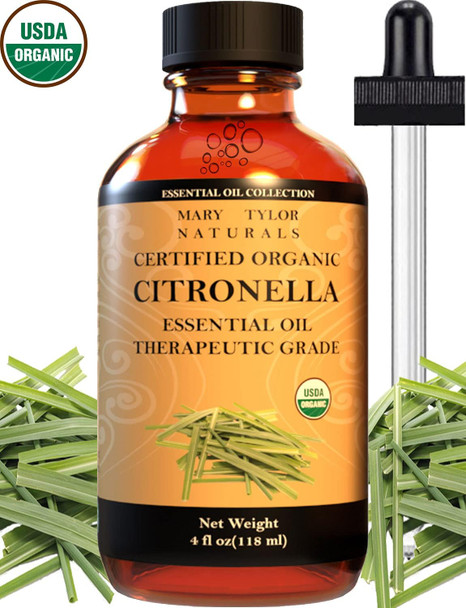 Organic Citronella Essential Oil (4 oz) USDA Certified by Mary Tylor Naturals (100% Pure and Natural) Therapeutic Grade Ideal for Aromatherapy, Relaxation, DIY Skin Care and More