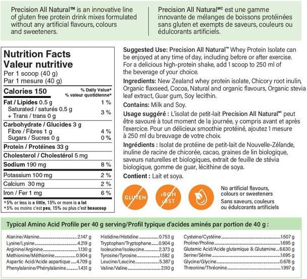 Precision All Natural Whey Isolate - Double Chocolate Chunk flavour, 850 g | Hormone-free and gluten-fee