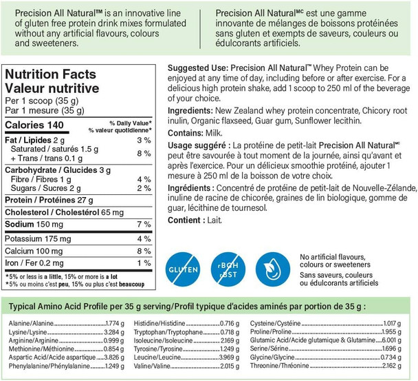 Precision All Natural Whey Protein Powder - Unflavored, 375 g | Hormone-free and gluten-fee