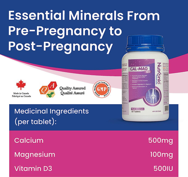 Pregnancy Calcium, Magnesium, Vitamin D3 Supplements - Prenatal Bone Strength, Helps Support Bone Health, Maintains Muscle Function - During, Pre- and Pro-Pregnancy, 60 Tablets - Nutronic