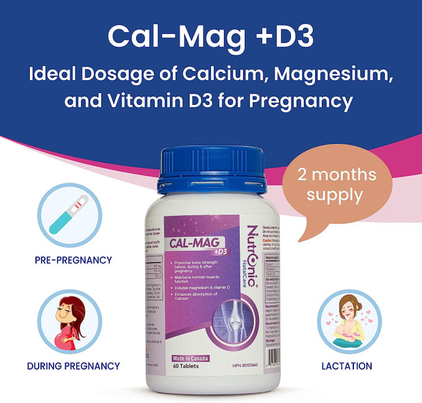 Pregnancy Calcium, Magnesium, Vitamin D3 Supplements - Prenatal Bone Strength, Helps Support Bone Health, Maintains Muscle Function - During, Pre- and Pro-Pregnancy, 60 Tablets - Nutronic