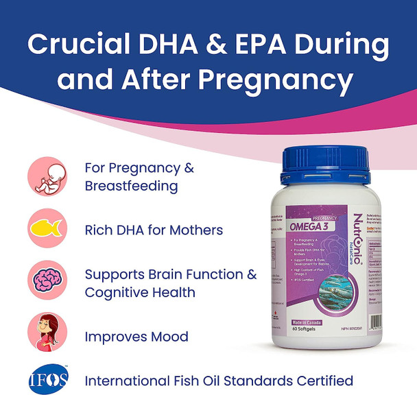 Prenantal Omega 3 DHA - Supports Brain Development in Babies During Pregnancy and Lactation, Unflavoured, No After Taste, 60 counts, Nutronic