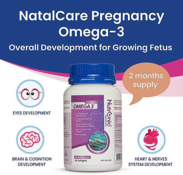 Prenantal Omega 3 DHA - Supports Brain Development in Babies During Pregnancy and Lactation, Unflavoured, No After Taste, 60 counts, Nutronic