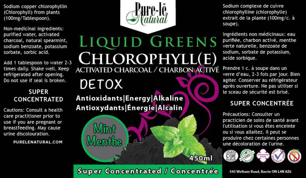 Pure-l? Natural Liquid Greens Chlorophyll Activated Charcoal Mint 450ml - Balance pH, Energize, Detox and Cleanse without calories!