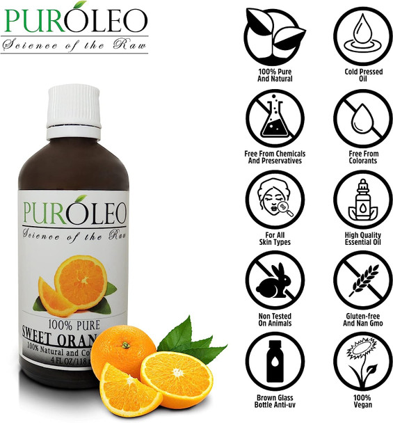PUROLEO Sweet Orange Essential Oil, 4oz (Large Bottle) - 100% Pure Natural for Aromatherapy Diffuser