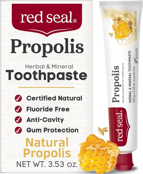 Red Seal Propolis Herbal & Mineral Natural Toothpaste - Mild Mint - Fluoride Free Organic Toothpaste NATRUE Certified Natural - Natural Gum Health No Artificial Flavors Cruelty-Free 3.53 oz