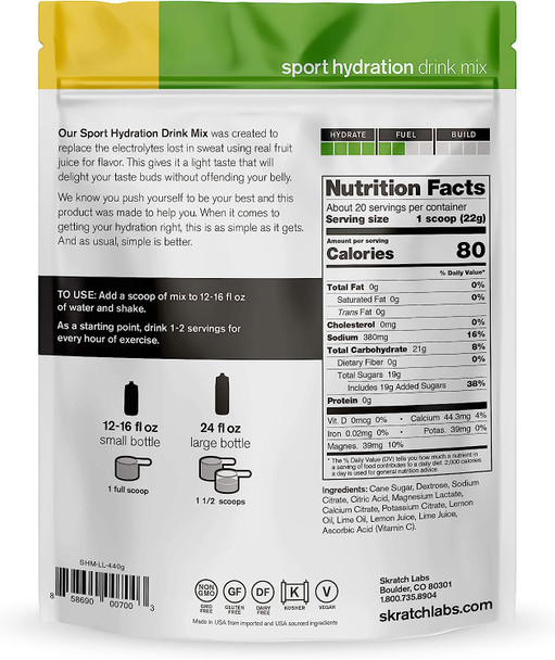 SKRATCH LABS Sport Hydration Drink Mix - Natural, Low Sugar, Electrolyte Powder Developed for Athletes and Sports Performance, Gluten Free, Vegan, Kosher (Lemon Lime, 20 serving resealable bag)