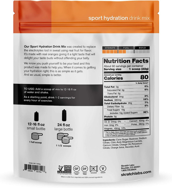 SKRATCH LABS Sport Hydration Drink Mix - Natural, Low Sugar, Electrolyte Powder Developed for Athletes and Sports Performance, Gluten Free, Vegan, Kosher (Oranges, 60 serving resealable bag)