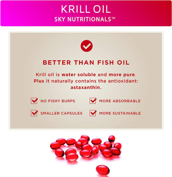 Sky Nutritionals, Premium Antarctic Krill Oil, 500 mg per softgel, Omega-3 with EPA & DHA; Astaxanthin. Supports heart and joint health. 60 - Easy to swallow softgel capsules per bottle.