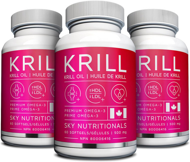 Sky Nutritionals, Premium Antarctic Krill Oil, 500 mg per softgel, Omega-3 with EPA & DHA; Astaxanthin. Supports heart and joint health. 60 - Easy to swallow softgel capsules per bottle.