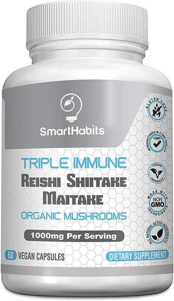 SmartHabits TRIPLE IMMUNE Organic Mushroom Complex Supplement Reishi, Shiitake, Maitake Mushroom Extract- Brain, Anxiety, Energy, Focus, Immunity Support, Gluten Free, Vegetarian, NonGMO-60 Vegan Caps