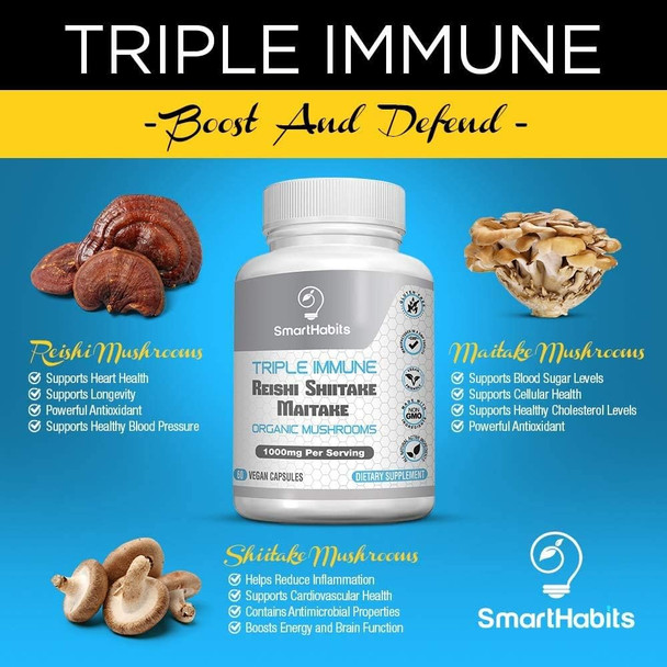 SmartHabits TRIPLE IMMUNE Organic Mushroom Complex Supplement Reishi, Shiitake, Maitake Mushroom Extract- Brain, Anxiety, Energy, Focus, Immunity Support, Gluten Free, Vegetarian, NonGMO-60 Vegan Caps