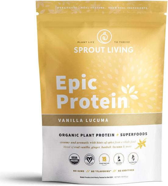 Sprout Living Epic Protein Powder, Vanilla Lucuma Flavor, Organic Plant Protein, Gluten Free, No Additives, 19 Grams Clean Vegan Protein (1 pound,13 servings)