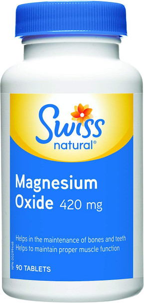 Swiss Natural - Magnesium Oxide 420mg - Helps in the maintenance of bones and teeth, and to maintain proper muscle function. Helps the body to metabolize carbohydrates, fats and proteins - 90 Tablets