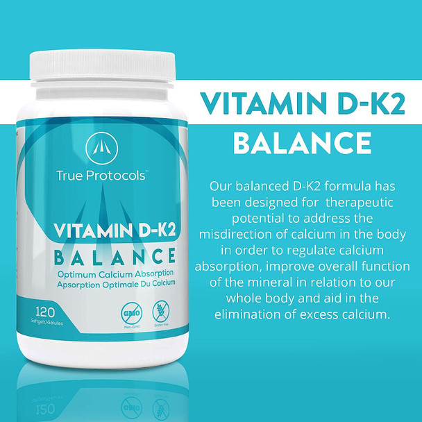 TRUE PROTOCOLS - Vitamin D-K2 Balance - Vitamin D3 (1000 IU) + Vitamin K2 MK7 (120 mcg) + Vitamin A (500 IU) - 120 Bioavailable Softgels  For Strong Bones & Improved Muscle Function - 100%