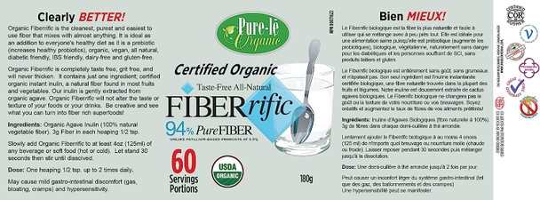 USDA Organic Fiberrific 180g (60 servings) Fiber Supplement - Mixes clear, NO taste, NO texture, NEVER Thickens. Can be used in cooking and baking. Ultra Premium Organic Digestive Supplement - No Fillers or Binders, No Artificial Ingredients