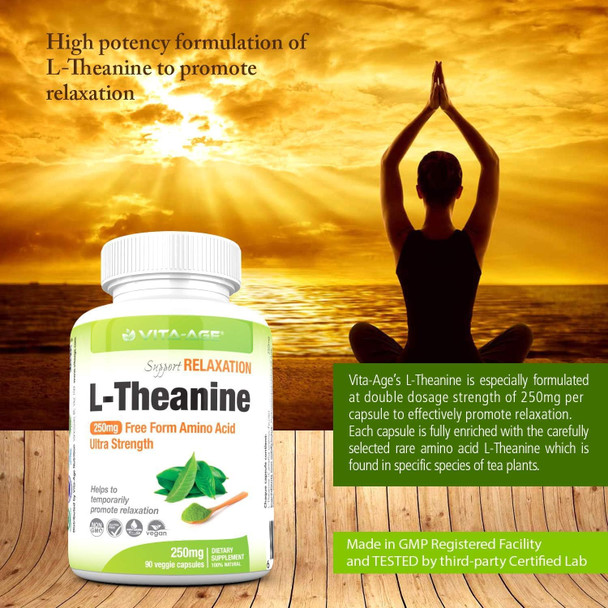 Vita-Age (2 PACK) L-Theanine Ultra Strength 250mg 90 count Helps Support Calm & Relaxation, Alleviation of Anxiety